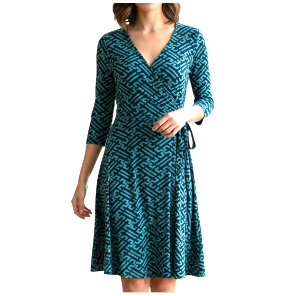 41 HAWTHORN Faux Wrap Dress NAVY BLUE &GREEN GEO PRINT Slinky Jersey Knit Belt M